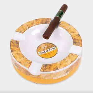 New Sikarx Tobacco Leaf Motif Ceramic 4 Cigar Quad Ashtray Yellow White 8in